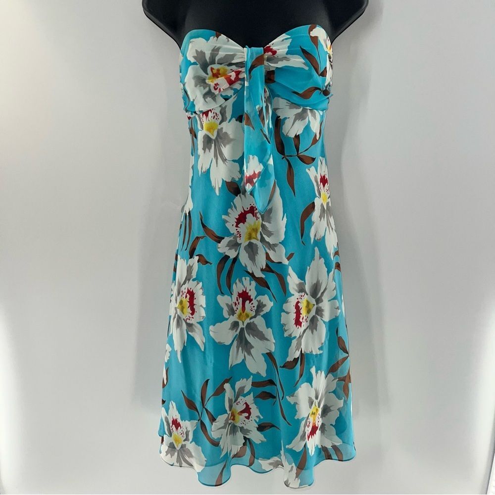 ABS Allen Schwartz Strapless Mini Blue w/White, Green, Red Floral Print Dress-4
